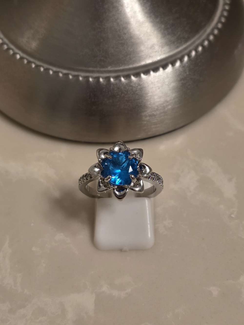 Silver CZ and Aquamarine Flower Ring Size 8